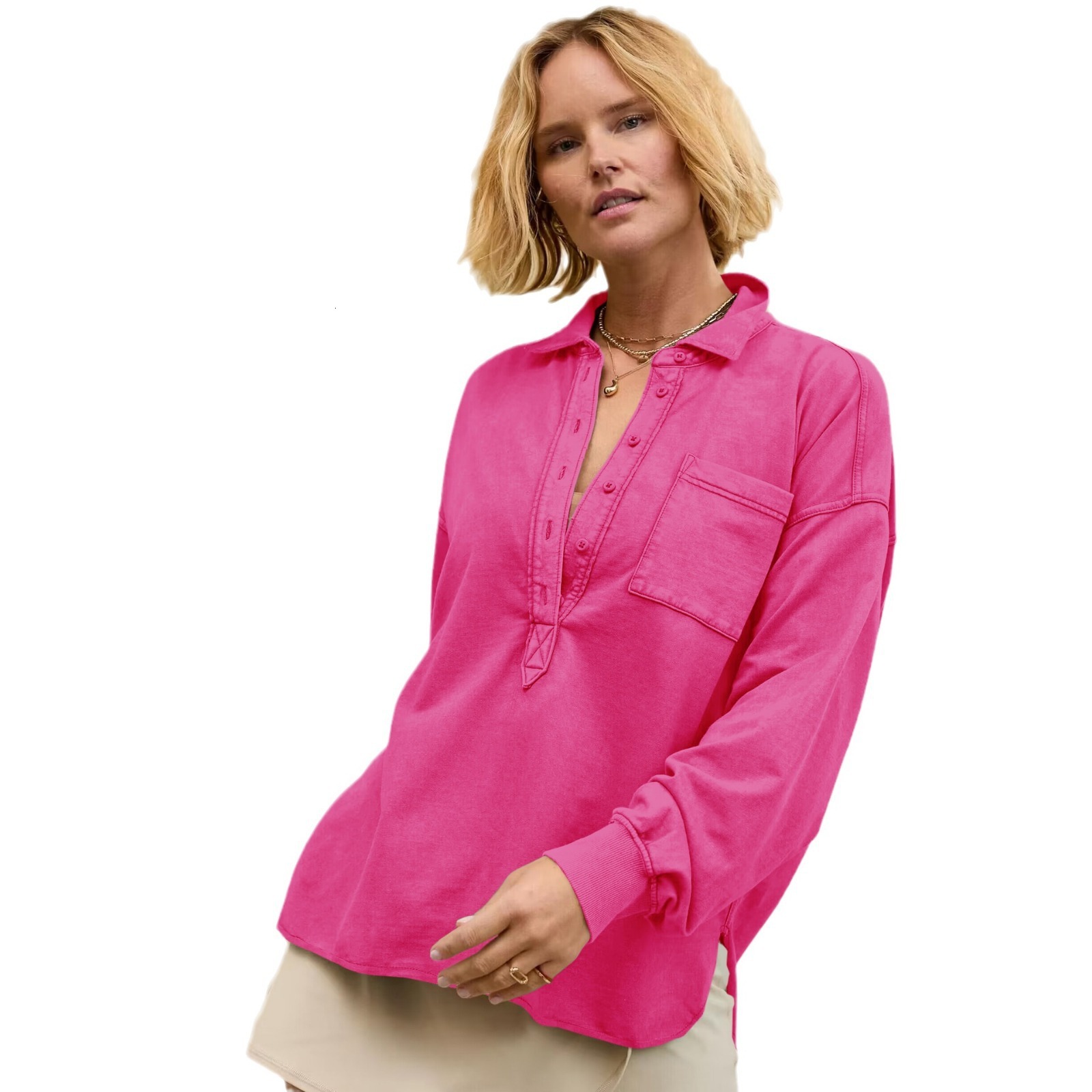 New fashionable and versatile women's loose POLO collar button casual long sleeved design with a sense of slit sweatshirt F8.2#52