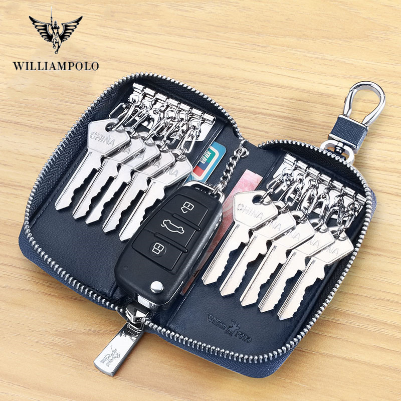 WILLIAMPOLO Leather Housekeeper Holders Car Keychain Key Bag Case Men Black Keys Wallet Cover Simple Solid Color Storage Bags