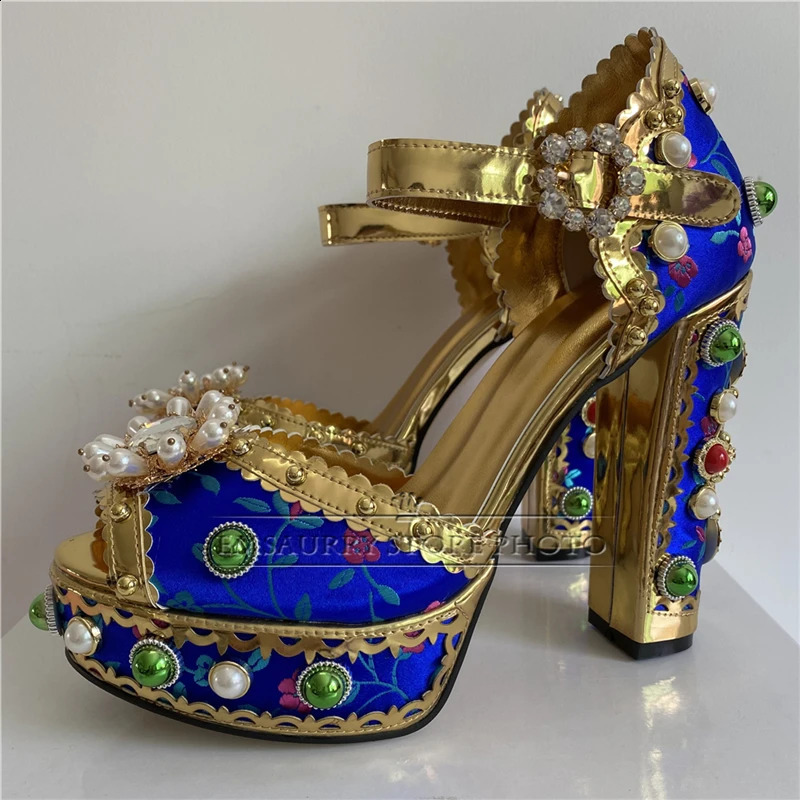 High quality embroidered satin party shoes summer pearl thick high heels rhinestone platform sandals for women 240731