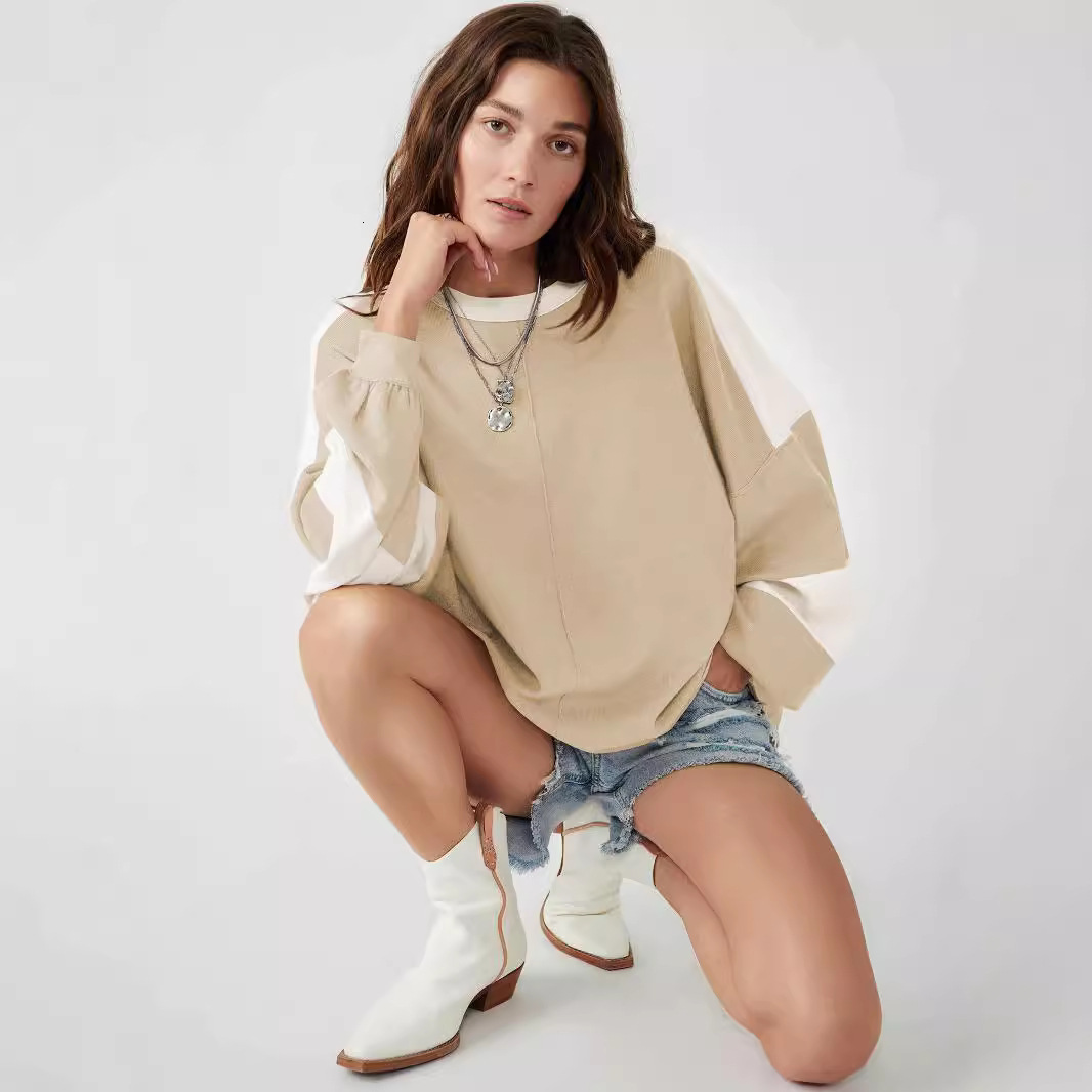 Stylish design with long sleeves loose stitching, contrasting color hoodie, fashionable round neck, autumn and winter women's clothing F8.2#52