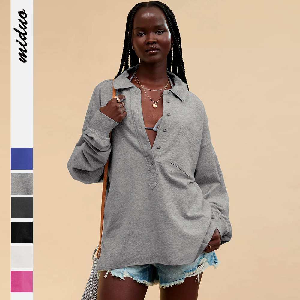 New fashionable and versatile women's loose POLO collar button casual long sleeved design with a sense of slit sweatshirt F8.2#52