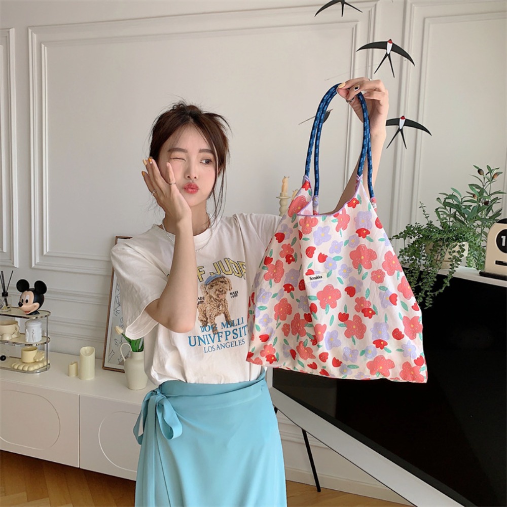 Portable Fashion Women Canvas Shoulder Bag Large Capacity Floral Printed Shopping Bags Cotton Casual Tote Bag Reusable Cloth Bag