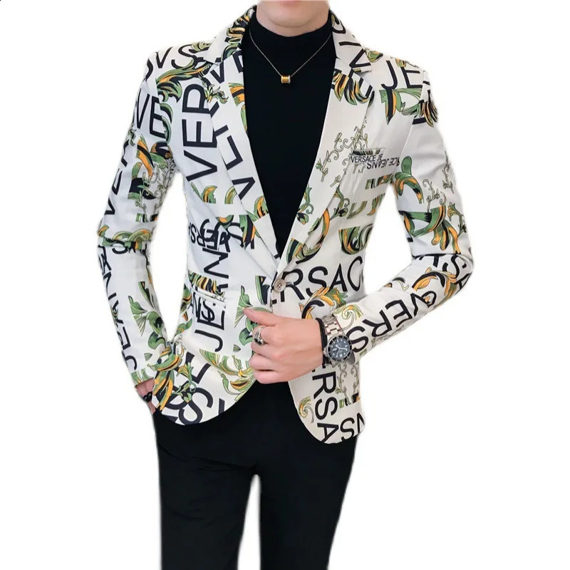spring and autumn mens personality trend printing slim button suit trendy small suit jacket men 240802