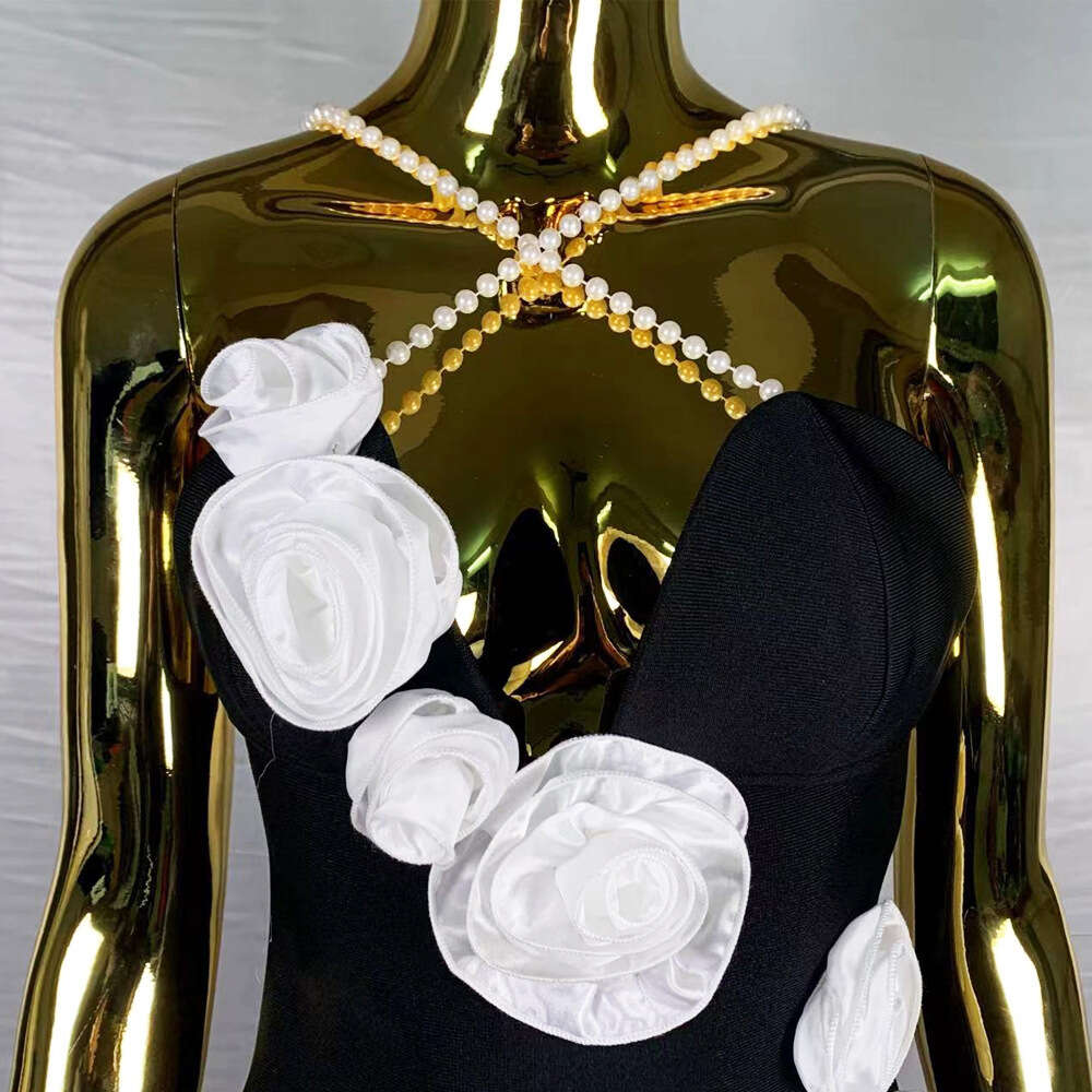 New womens pearl suspender slimming flower elastic knitted Fashion bandage dress long formal dress