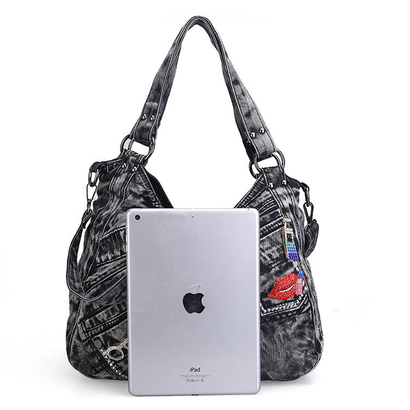 iPinee Trendy Women's Denim Bag Blue Jean Purses Vintage Handbags with Shine Sequins Glasses Decoration and Lip Embroidery