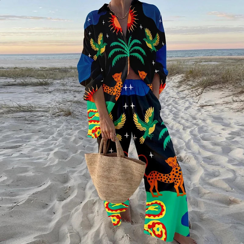 Leisure Hawaiian Beach Vocal Set Womens Button Long Sleeve Shirt Top and Elastic Waist Pants Banana Fashion Two Piece 240810