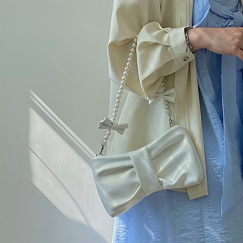 2022 Women's Vintage Bowknot Pearl Chain Shoulder Bag Fashion Girl Pearlescent New In Handbag Sac A Main Femme Bolsa Tote Bags