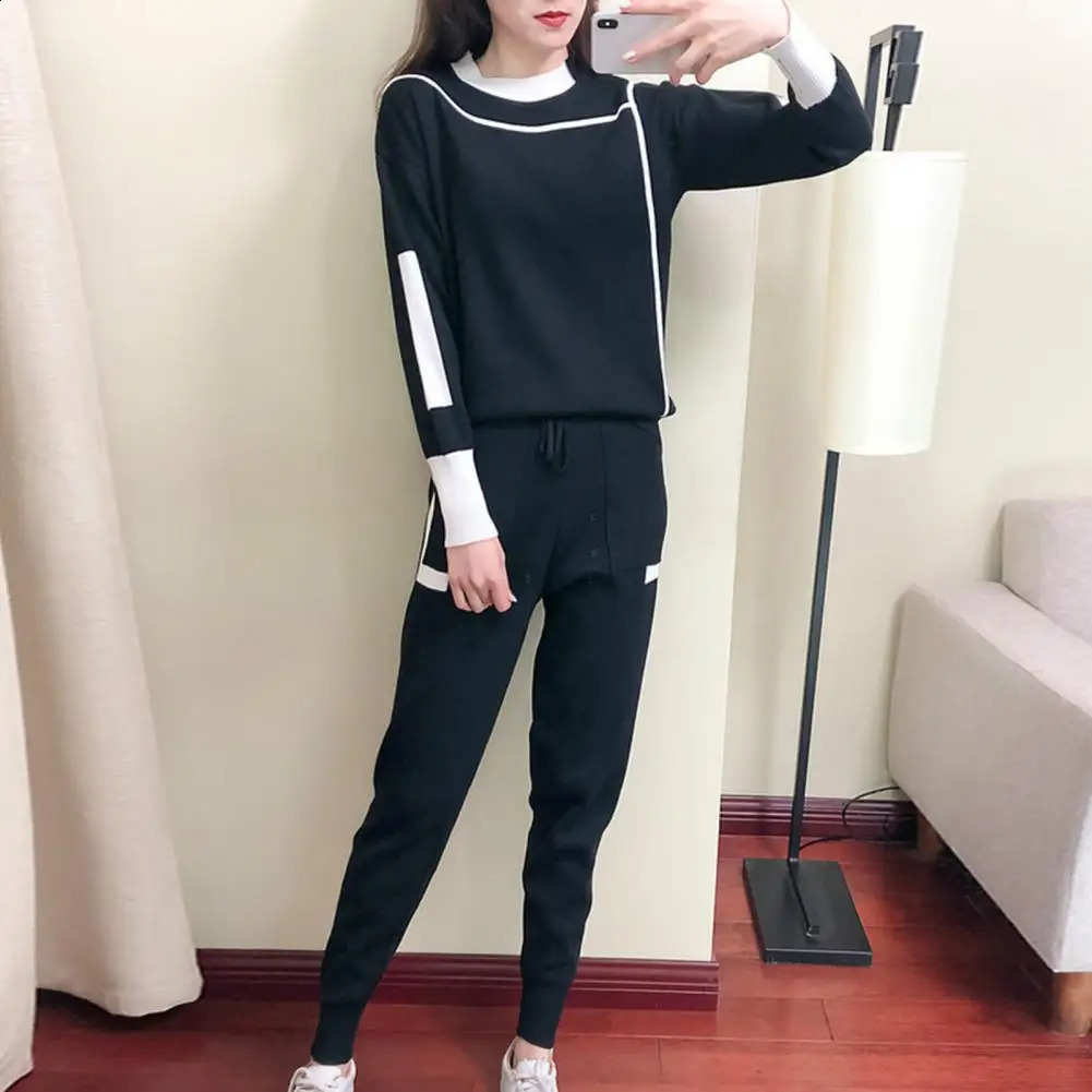 Womens Autumn Winter O Neck Sweater Two Piece Set Female Knitted Pants Suits Fashion Casual Pullover Tracksuits Outwear 240801