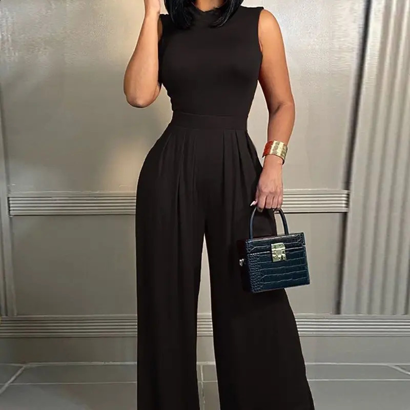 Women Sleeveless High Waist Wide Leg Pants Jumpsuits Playsuit O Neck Floral Flower Printed Full Length 240802