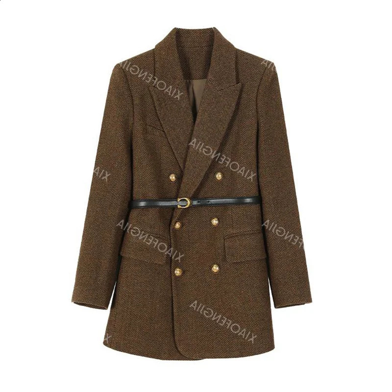 Womens Suits Coats Green Wool Blend Blazer with Belt for Autumn Winter 2025