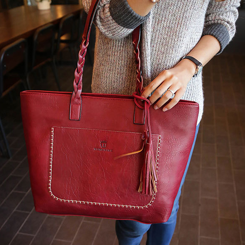 Solid Portable Shoulder Color Antique Woven Fried Dough Twists Leather Lady Tote Shopping Fashion Tassel Pendant Internal Zipper Pocket Bag