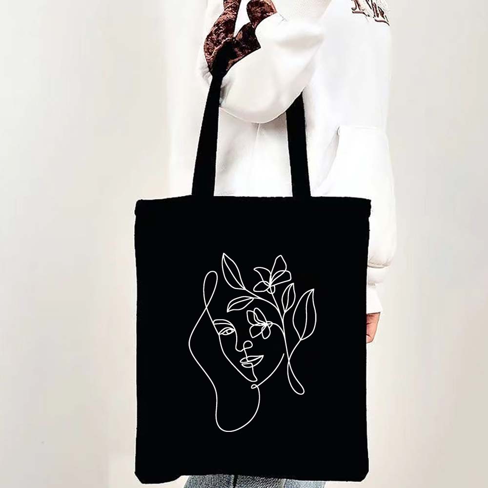 Beautiful Women Face Tote Bag Floral Line Art Fashion Girl Face Print Gift Canvas Shopping Bags Reusable ECO Shopper Bag