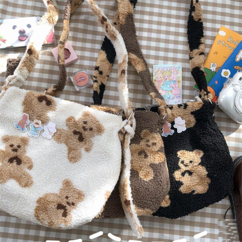Women Cute Bear Like Fabric Plush Shoulder Bag Simple Handbag Tote Bag Embroidery Soft Shopping School For Girls Sac Femme