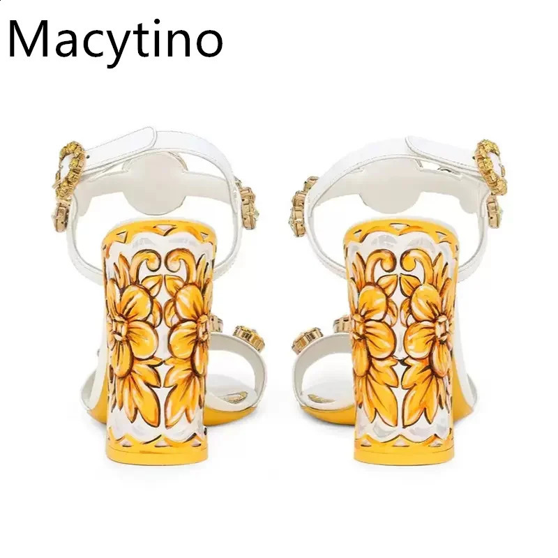 2024 Gemstone Decoration Printing Design Womens 14CM High Heel Sandals Round Shoe Blocks Fashion Party Shoes 240731