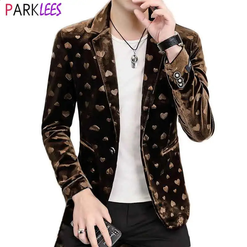 Stylish Heart Print Velvet Blazer Jacket Men Spring Slim Fit One Button Blazers Male Casual Party Wedding Costume Homme 240802