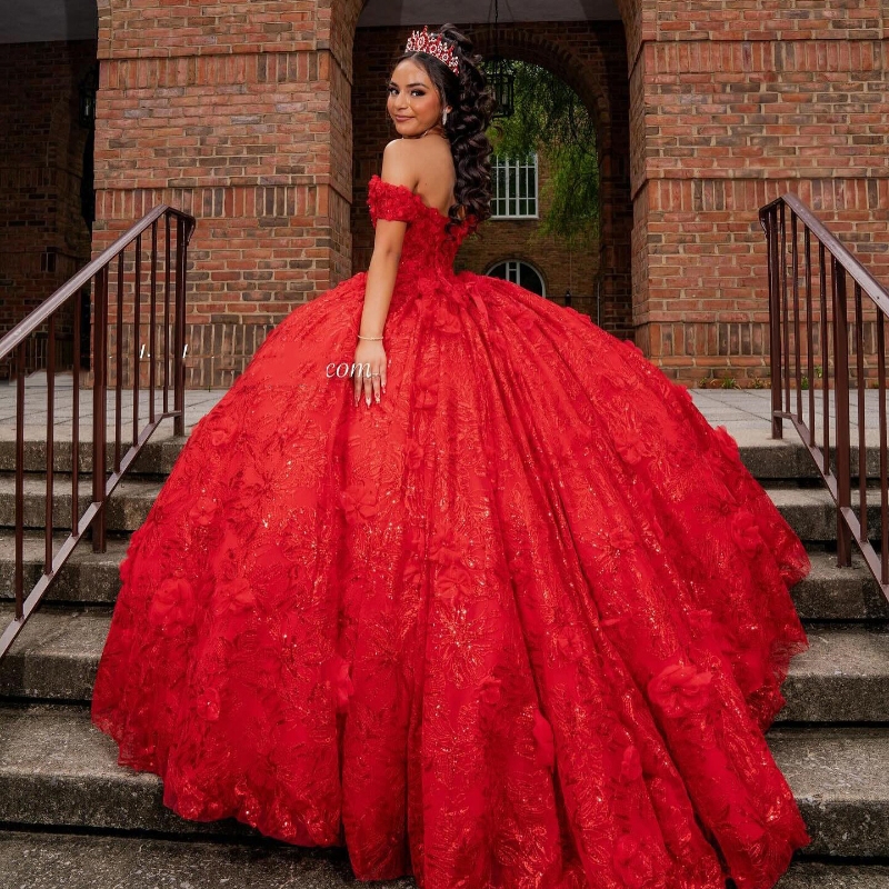 Red Sparkly Sequined Lace Quinceanera Dresses 2025 Luxury Beading Ball Gown Sweet 16 Gown Off Shoulder Vestidos De XV15 Anos
