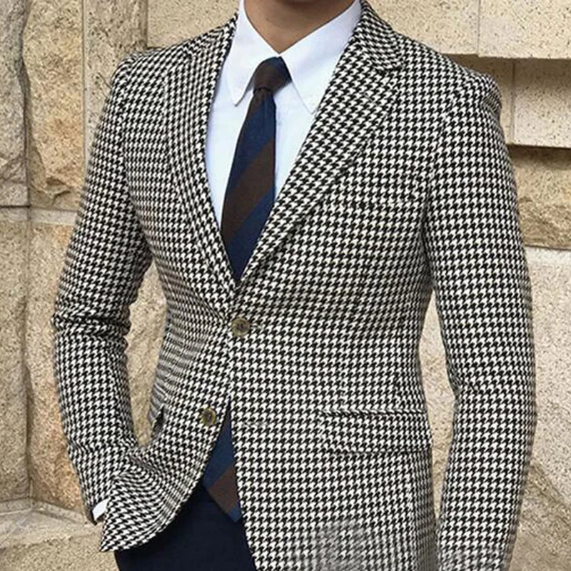 Houndstooth Plaid Blazer for Men One Piece Suit Jacket with 2 Side Slit Slim Fit Casual Male Coat Fashion Clothes 2024