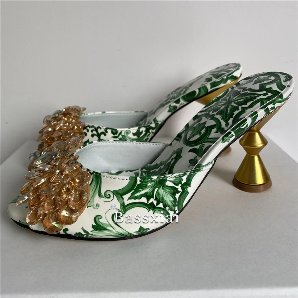 Unique printed genuine leather modern sandals for women with strange metal heels crystal rhinestone flower suspenders mules summer 240731