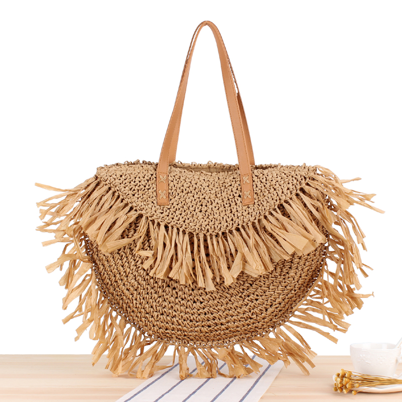 New semi-circular tassel shoulder straw bag spike paper woven bag beach fashion handbag
