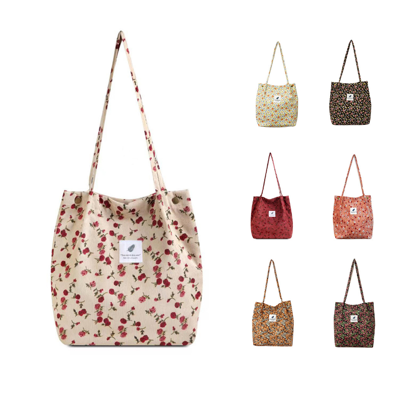 Women Printed Handbag Casual Version Large Capacity Corduroy Canvas Shoulder Bag Travel Shopping Plush