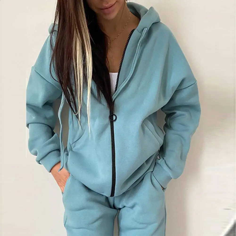 2 piecesset womens outerwear pants set loose hoodie solid color long sleeved cardigan wool sweater warm casual sportswear tight fitting jumpsuit 24082