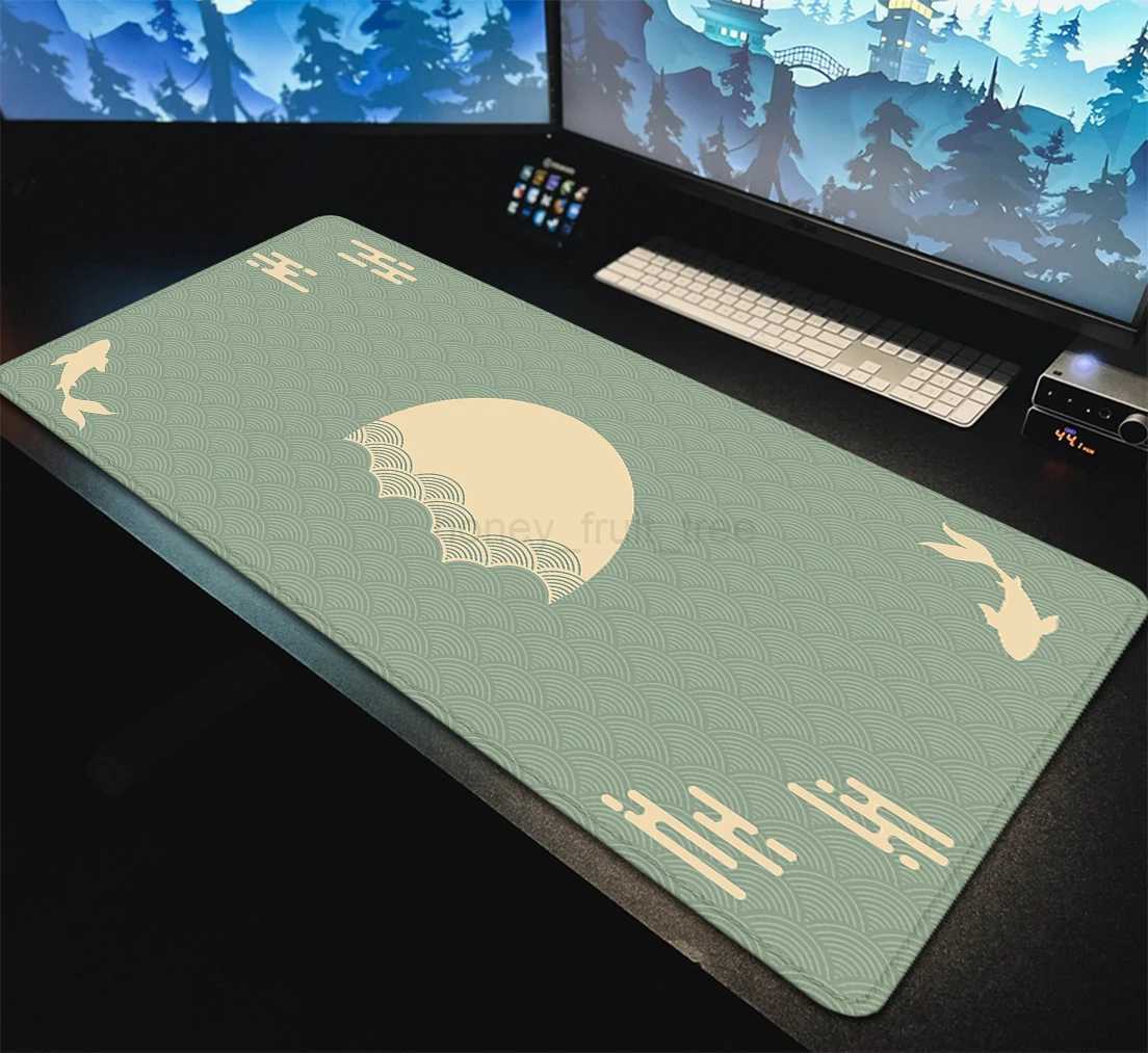 Japanese Desk Mat Black Red Mouse Pad Koi Fish Sun Cloud Japan Art Seal Sunrise Large XXL Gaming Deskmat Rubber Mousepad 90x40M240802