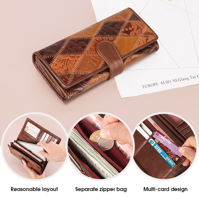 New Genuine Leather Purse Coin Long Wallet For Women Fashion Lady Luxury Phone Money Bags Patchwork Vintage Female Print Clutch