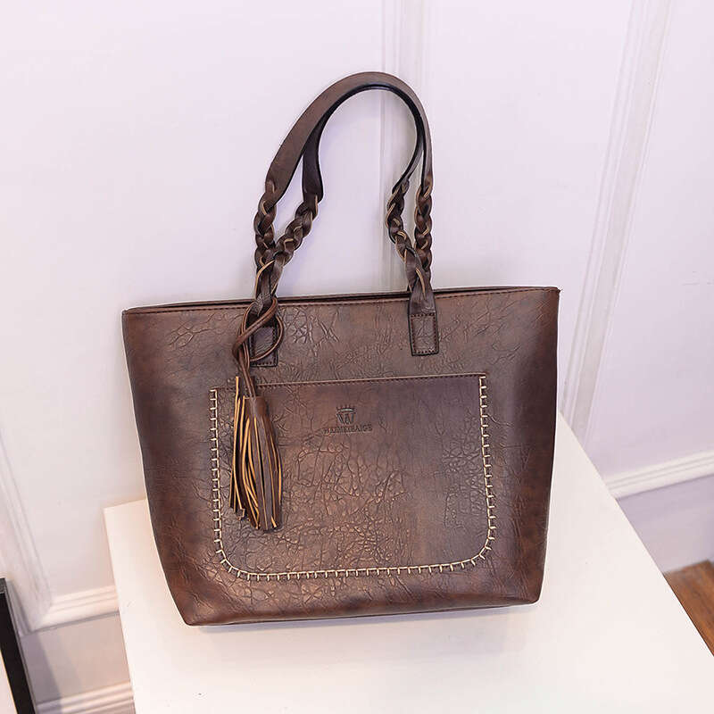 Solid Portable Shoulder Color Antique Woven Fried Dough Twists Leather Lady Tote Shopping Fashion Tassel Pendant Internal Zipper Pocket Bag