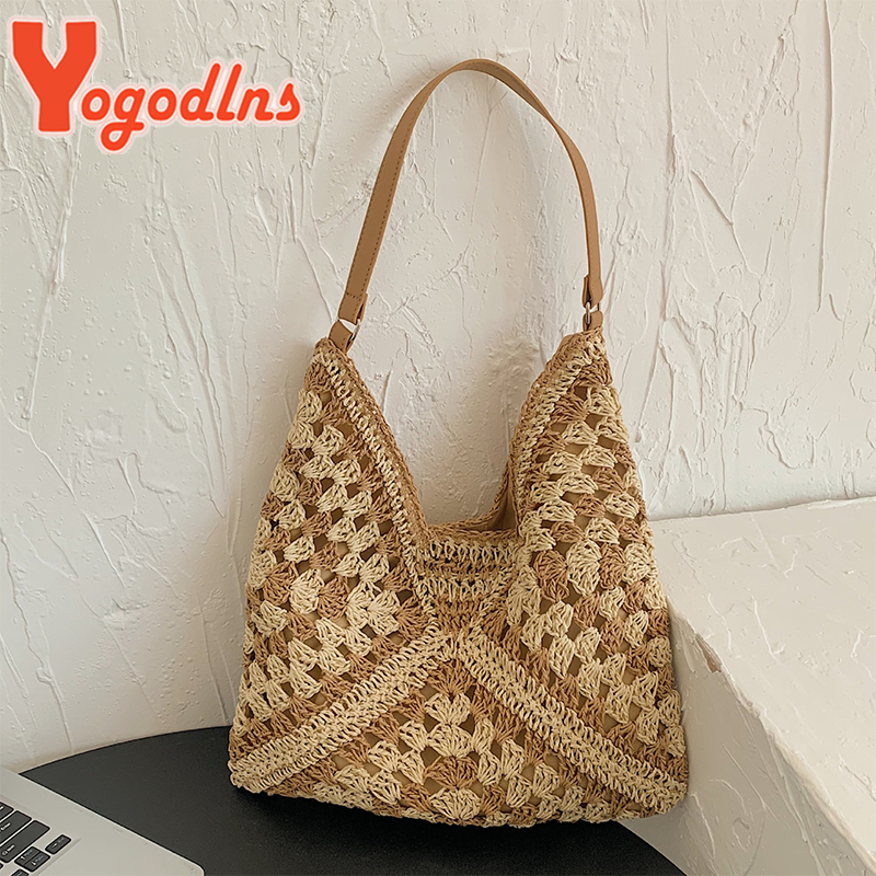 Yogodlns Women Weaving Clutches Top-handle Bag Large Portable Shoulder Bag Summer Beach Purses Shopper Satchel Female Tote Bags