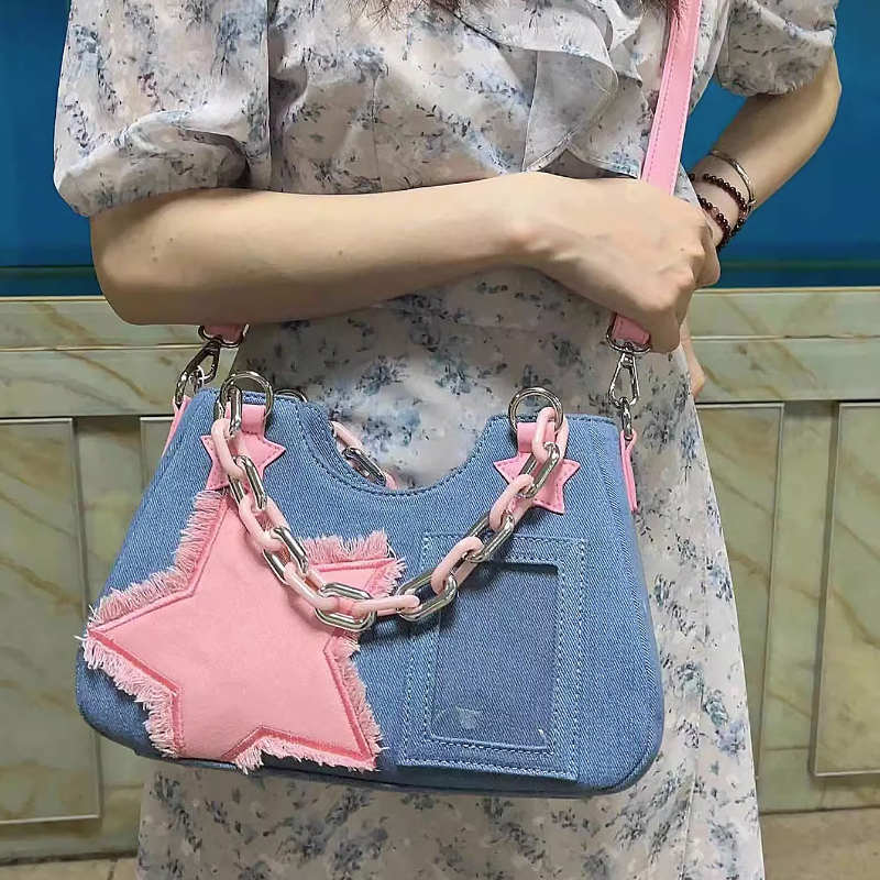 Korean Fashion Shoulder Underarm Harajuku Star Tote Denim Bag Chain Ladies Bags Zip Purses Handbags Women 2024 Luxury Square Bag