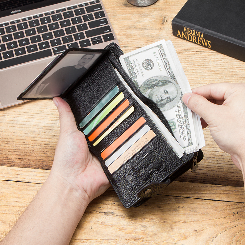 CONTACT'S Genuine Leather Men Wallets Retro Trifold Card Holders Zipper Coin Purses Women's Wallets Money Clip Female Handbags