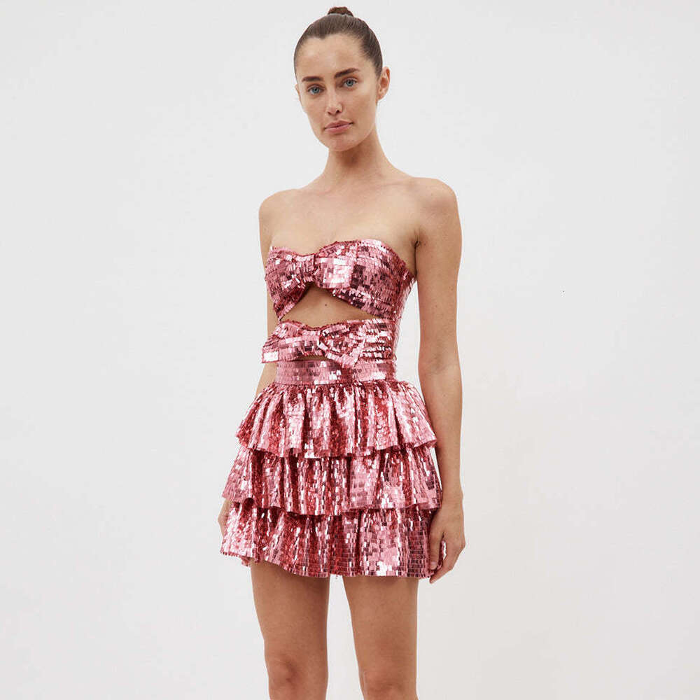 New party dress hollow pleated dress pink bow square sequin strapless skirt short skirt