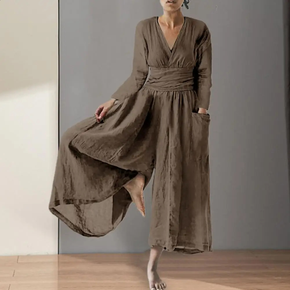 Cotton Linen Jumpsuit V-neck Waist Tight Long Sleeve Women Playsuit Spring Oversized Loose Long Pants Rompers Womens Clothing 240802