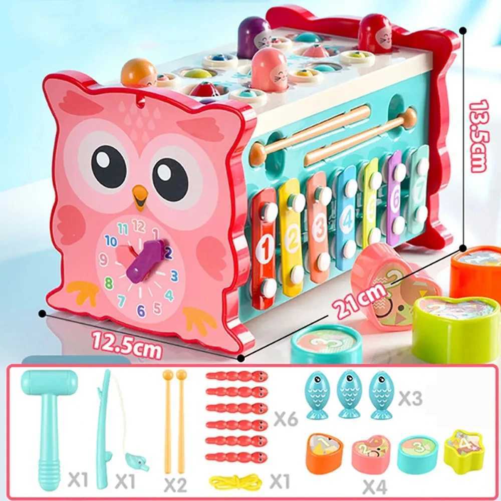 New Baby Montessori Toys Magnetic Fishing Owl Cube Learning Educational Clock Hammer Game with Music Puzzle for Kids Gift Y240801