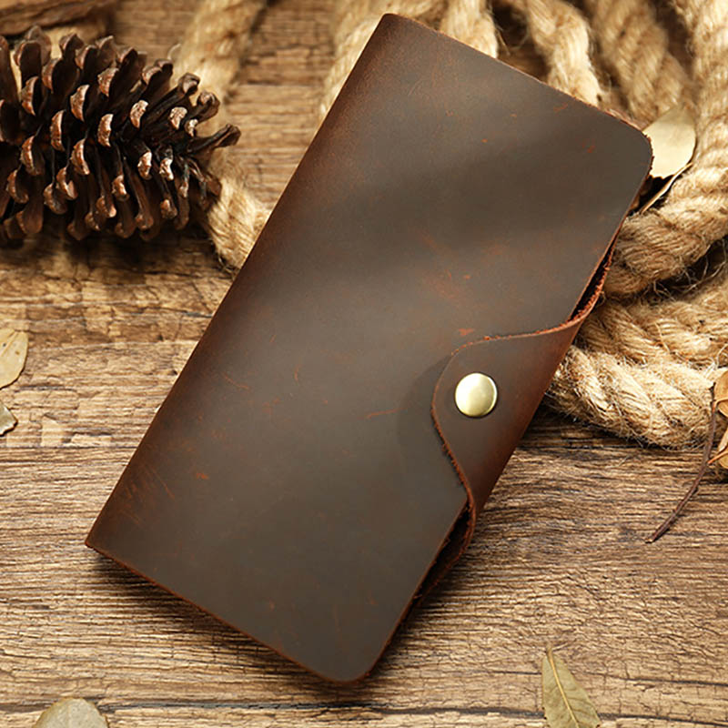 Men's Crazy Horse Leather Long Wallet Brown Real leather Trifold clutch snap purse Hasp purse with Phone pocket and coin pocket