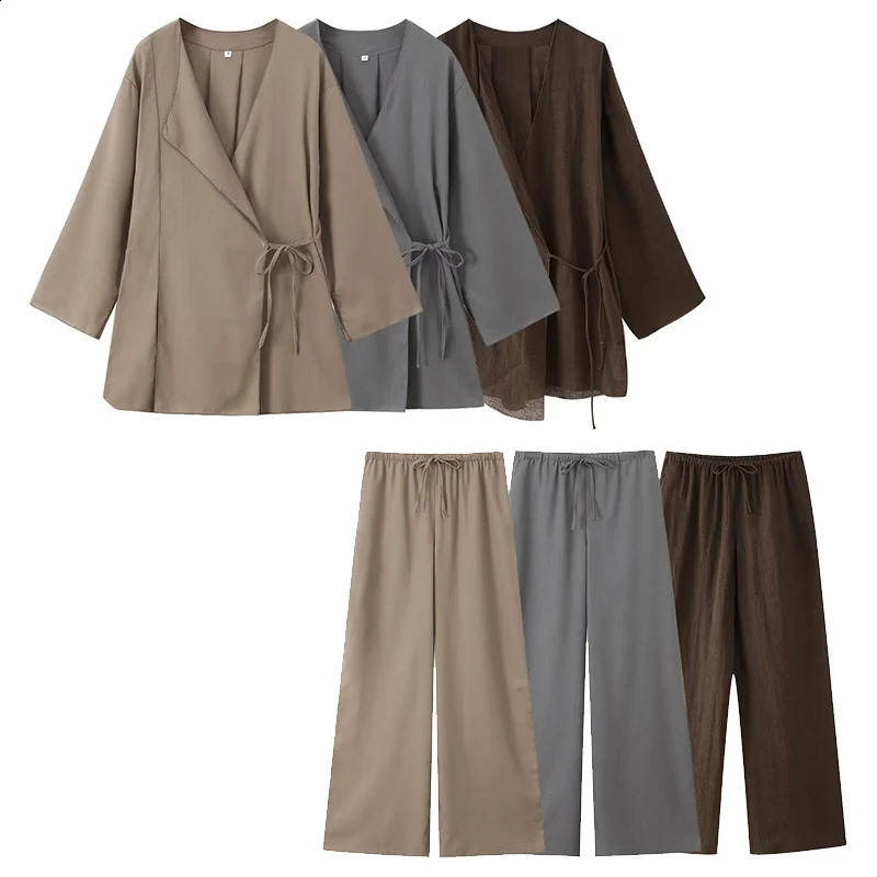Willshela Women Fashion 2 Piece Set Solid Lace Up Shirts Vintage Elastic Waist Trousers Feamle Chic Lady Pants Sets 251022