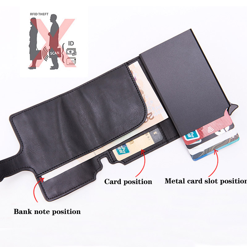 Taihaole Men RFID Button Credit Card Holder High Quality Metal Aluminum Auto Pop-up RFID ID Card Case Black Wallet Coin Purse