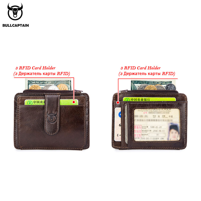 BULLCAPTAIN Genuine Leather RFID Blocking Zipper Card Holder Credit Cart Wallet Mini Slim Wallet Card & Id Holders Man Business