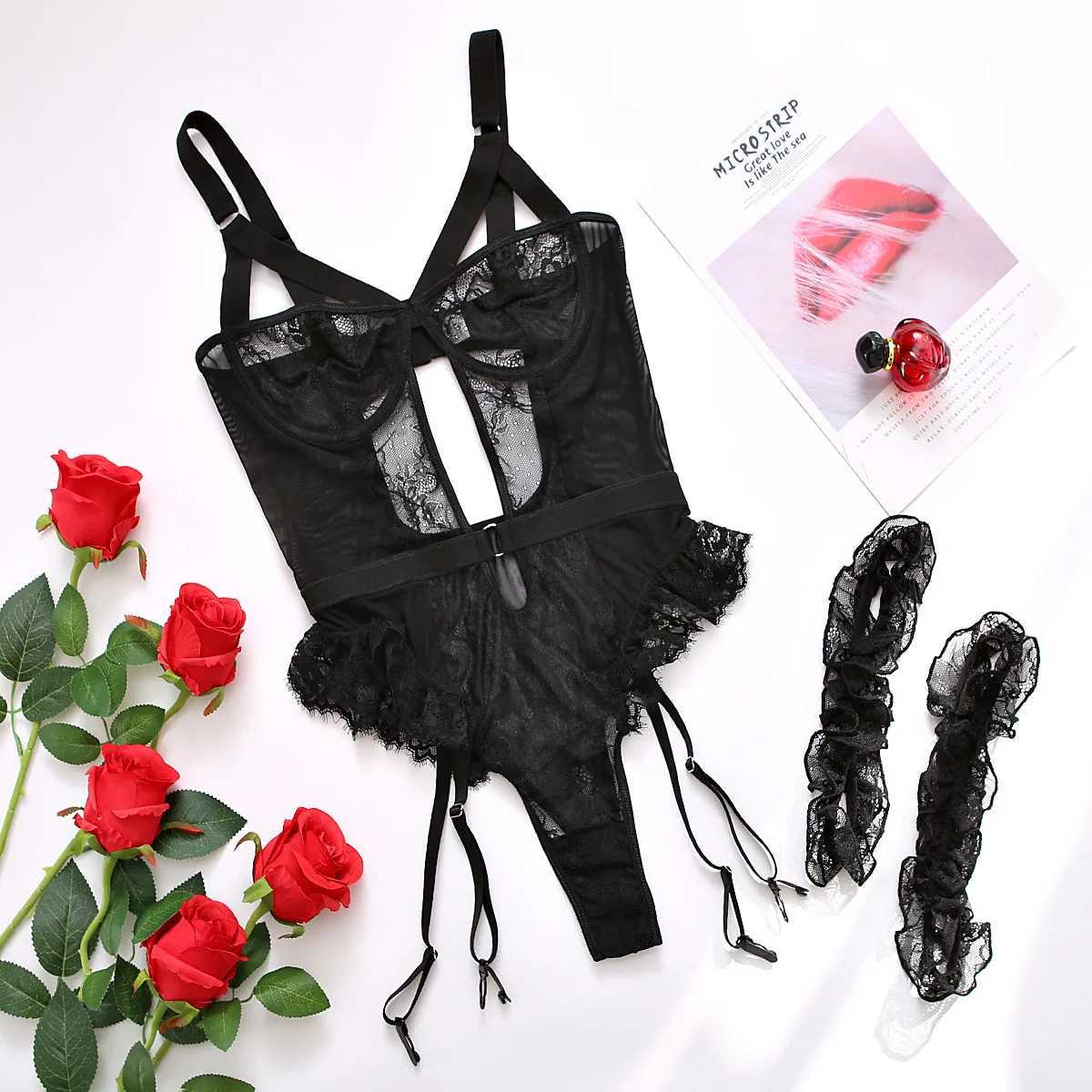 New Sexy Garter Lingerie Babydoll Underwear For Sex Bodysuit Erotic Hollow Chest Lace Transparent Backless Apparel UniformXJ250220