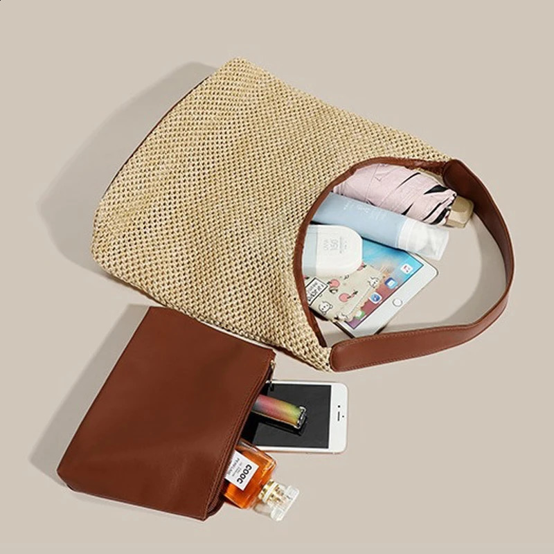 Ins Retro Straw Tote Bag Single Shoulder Large for Womens Leisure Capacity Summer Vacation Beach 240802