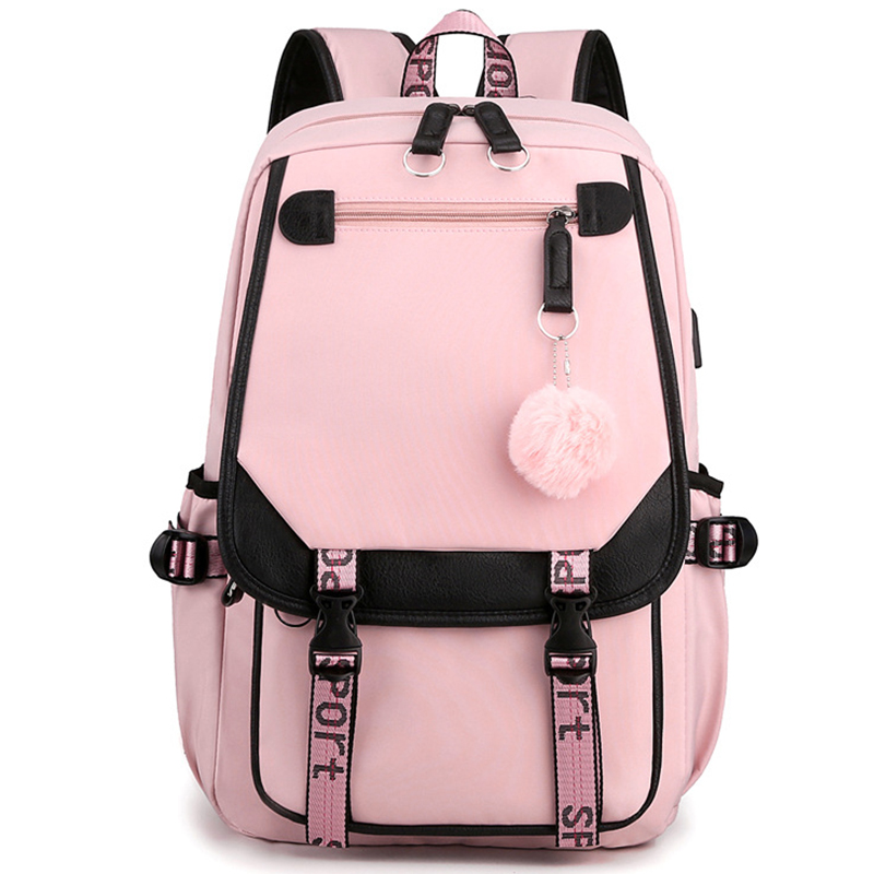 Large School Bags For Teenage Girls USB Port Canvas Schoolbag Student Book Bag Fashion Black Pink Teen School Backpacks Female