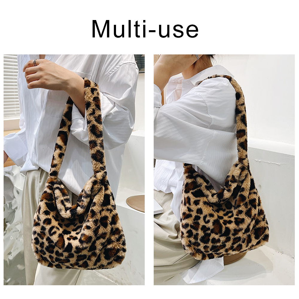 Herald Faux Fur Women Shoulder Bag Leopard Print Soft Plush Female Crossbody Messenger Purse Large Winter Fluffy Lady Handbag