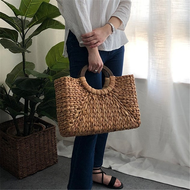 Wooden ring Portable Women straw Bag Korean Foreign of Corn Skin RETRO Art Beach Bag Travel Pictures Props Straw Bag Moon Bag