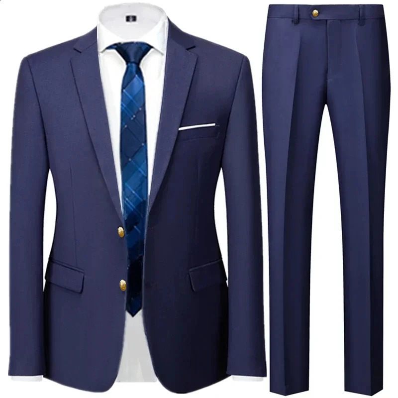 Fashion Mens Casual Business Suit Coat Trousers 2 Pieces Set / Male Solid Color Wedding Two Button Blazers Jacket Dress Pants 240802