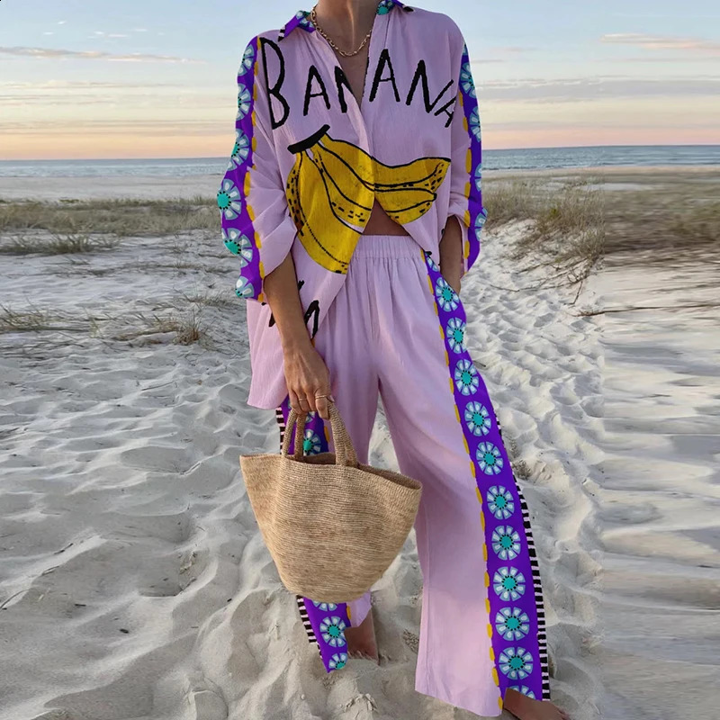 Leisure Hawaiian Beach Vocal Set Womens Button Long Sleeve Shirt Top and Elastic Waist Pants Banana Fashion Two Piece 240810