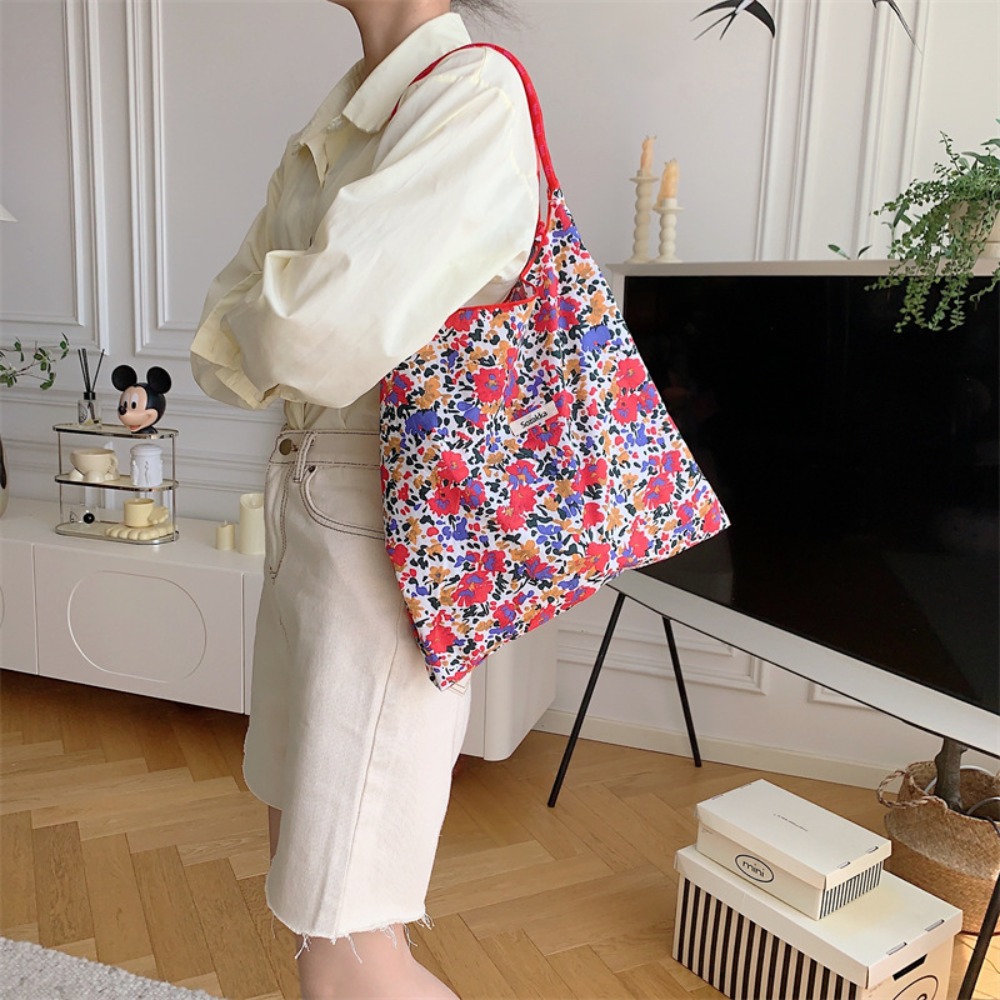 Portable Fashion Women Canvas Shoulder Bag Large Capacity Floral Printed Shopping Bags Cotton Casual Tote Bag Reusable Cloth Bag