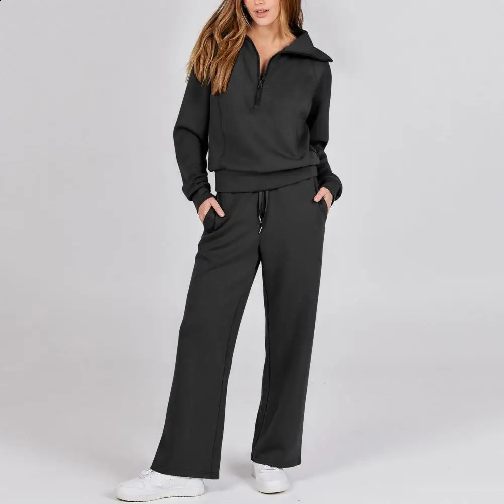 Oversized Sweatshirt Pants Set Women Twopiece Casual Suit Thick Loose Solid Color Tracksuit with Lapel Coat Wide for Fall 240801