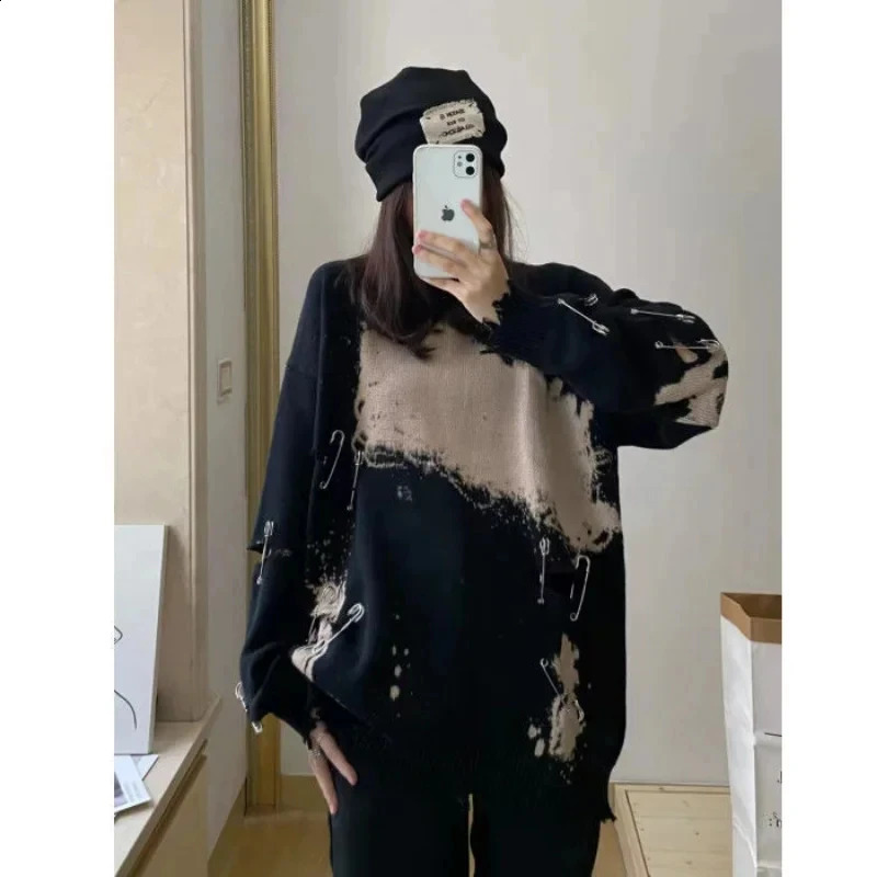 Y2k Grunge Black Ripped Sweater Vintage Women Distressed Knitted Jumper Gothic Oversized Knitwear Korean Fashion Autumn Top 240801