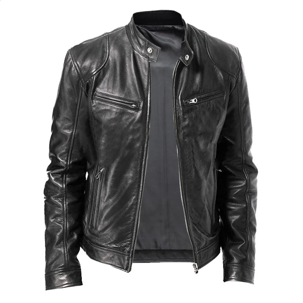 Spring Mens Stand-up Collar Slim Leather Jacket Zipper Pocket Decorative PU Coat Biker Men Clothes Casual Male 240822