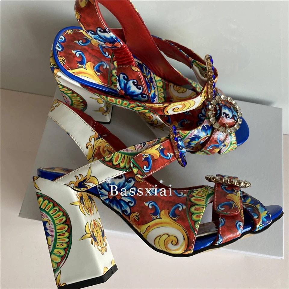 Exotic printed flower patent leather sandals for women thick high heels open toe crystal rhinestone buckle summer shoes 240731